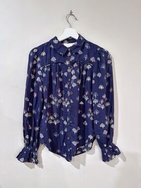 Maeve Anthropologie Women US 2 Blue Tree Print Blouse Cottage Boho Whimsy Fairy